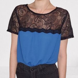 Two-Tone Color Block Black & Blue Lace Detailed Blouse